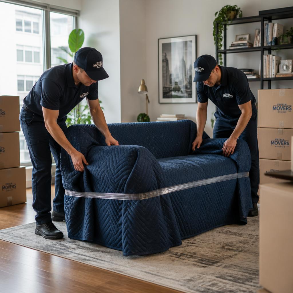 Movers wrapping a sofa in protective blankets
