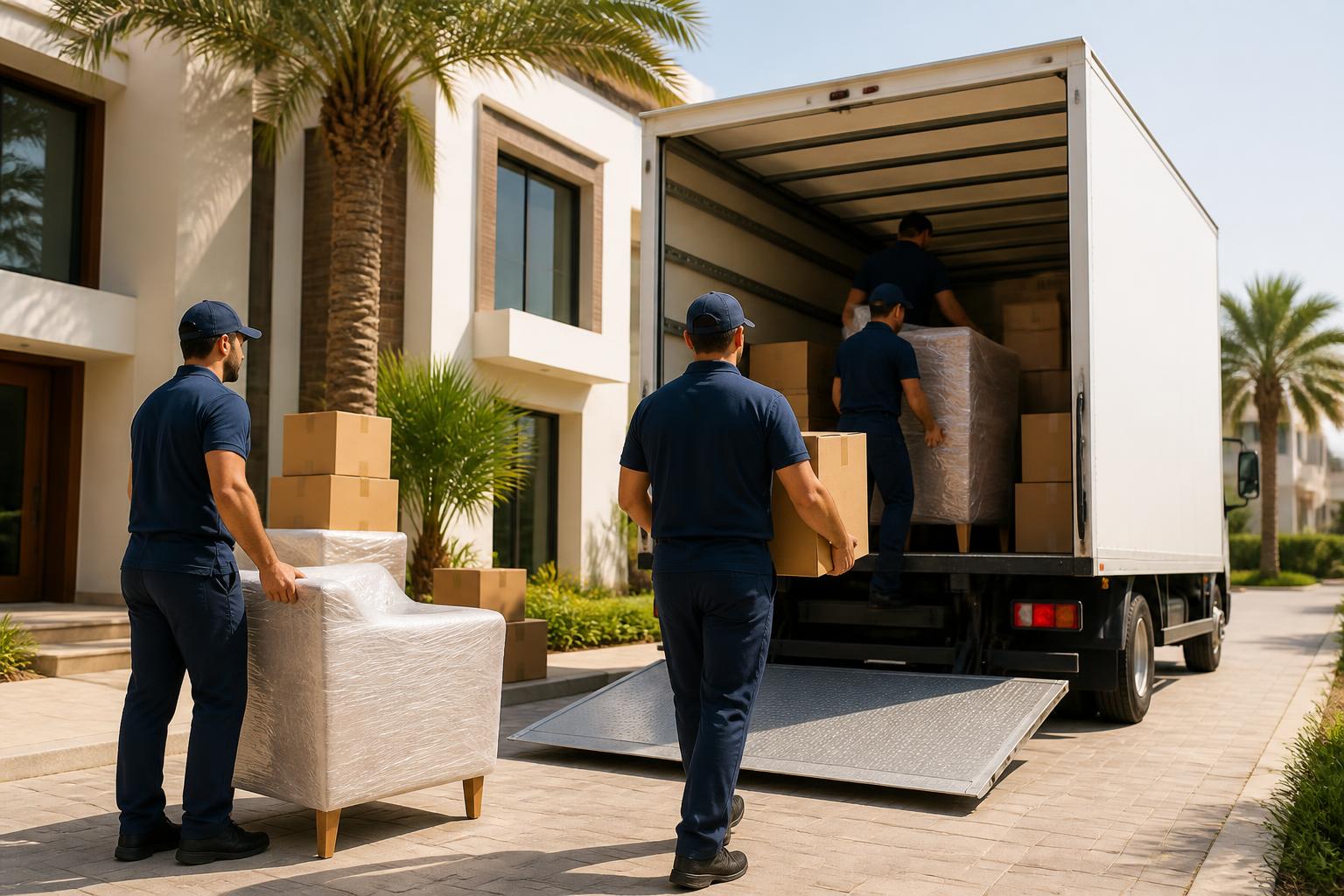 Movers loading wrapped furniture into a truck in Bahrain
